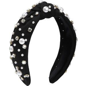 Women's Black Embellished Rhinestone Pearl Knotted Trendy Vintage Headband